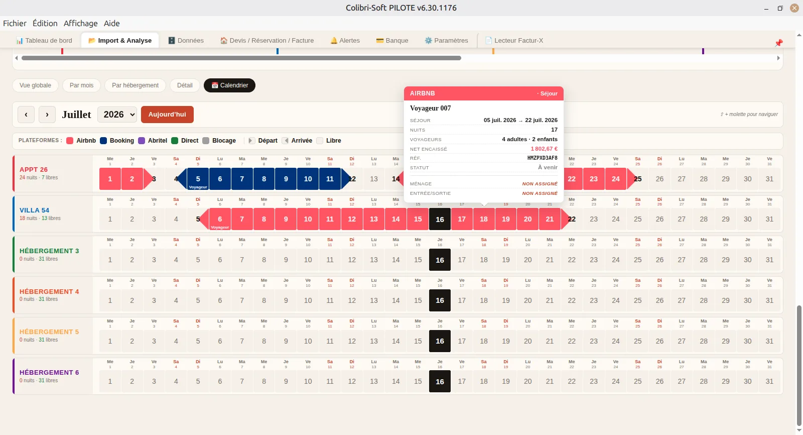 Calendrier multi-plateformes Colibri-Soft avec détail d'une réservation Airbnb