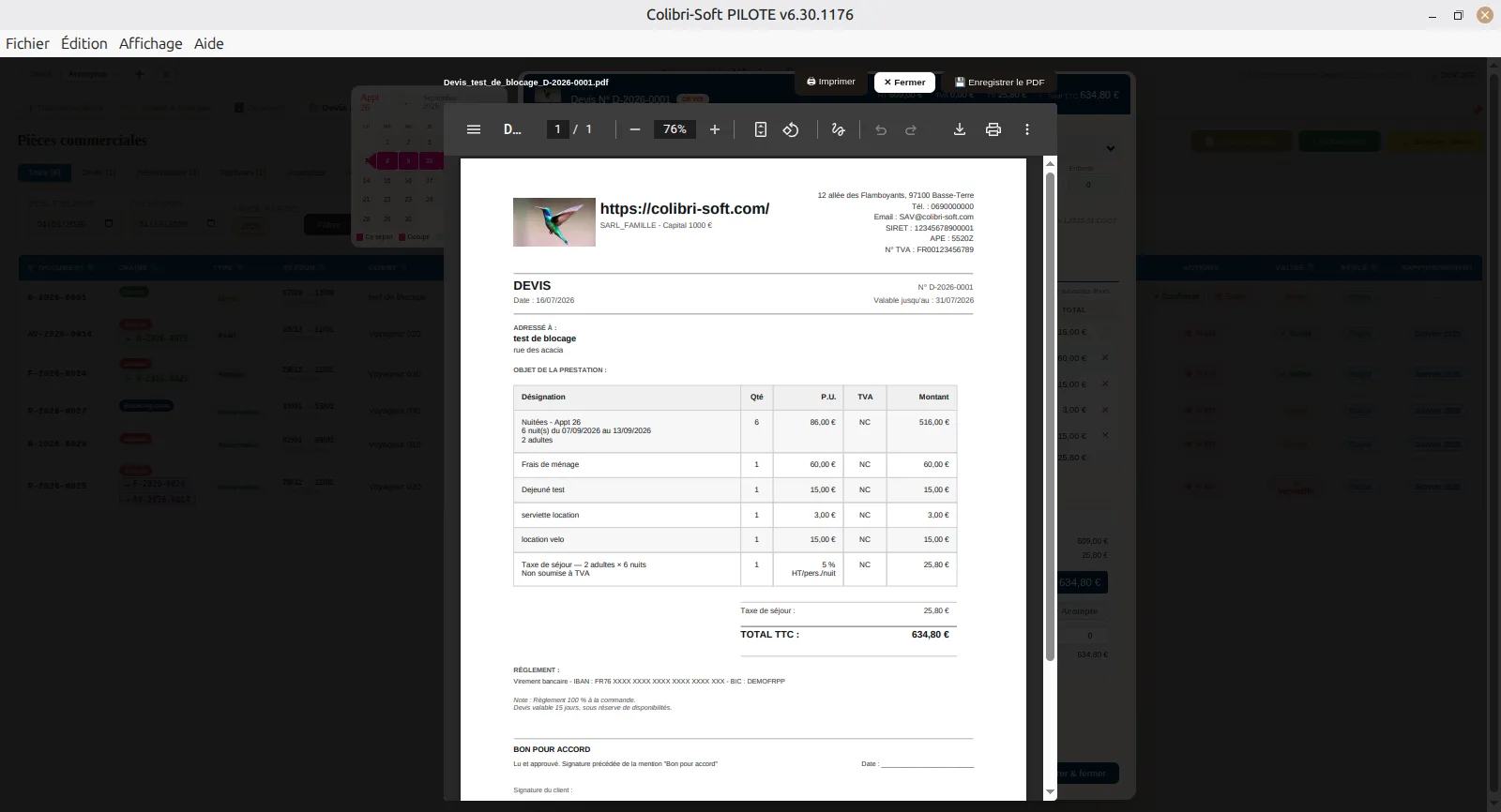 Devis PDF généré par Colibri-Soft, prêt à envoyer